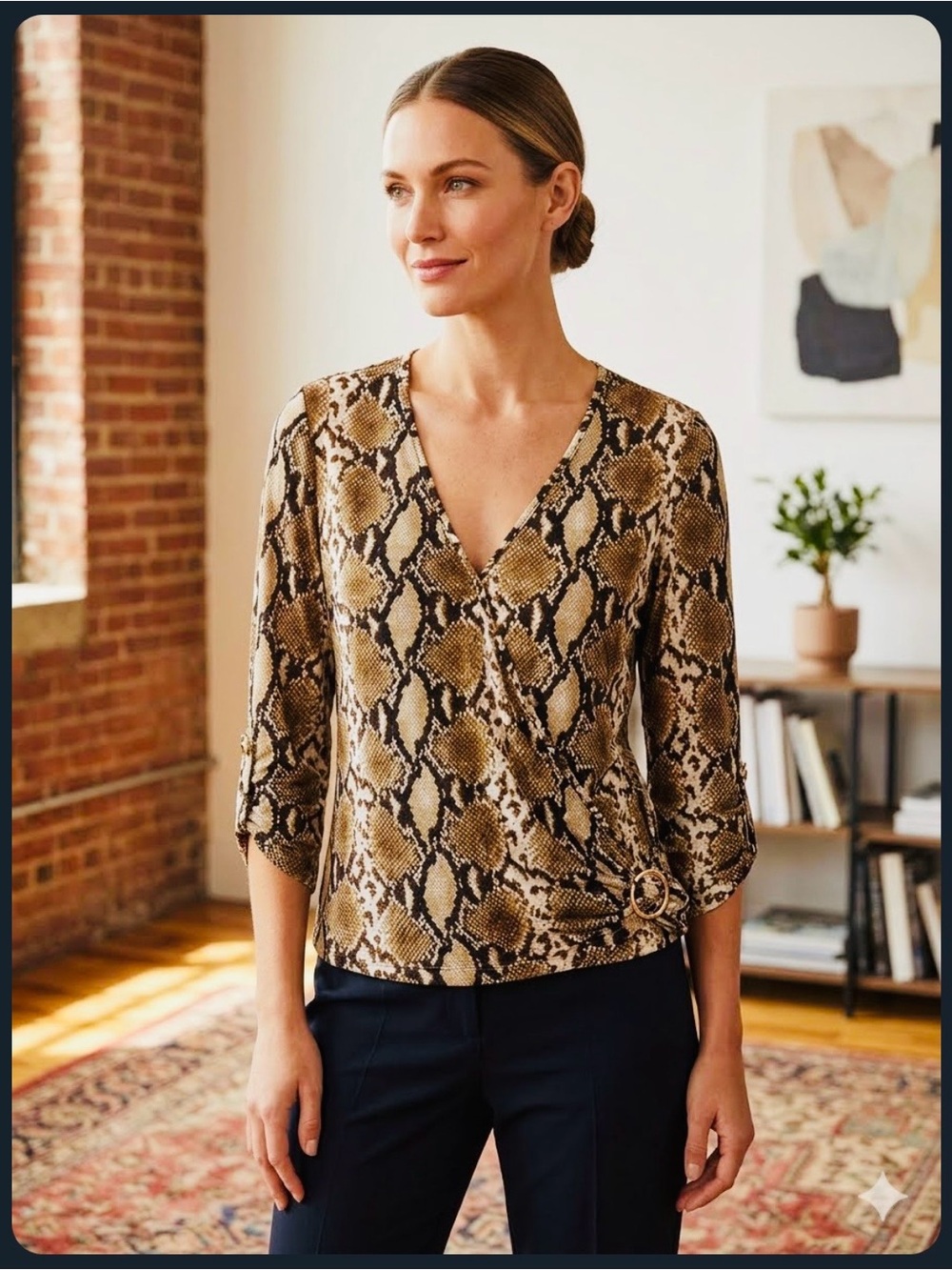 Women's Snake Print Wrap Top in Brown